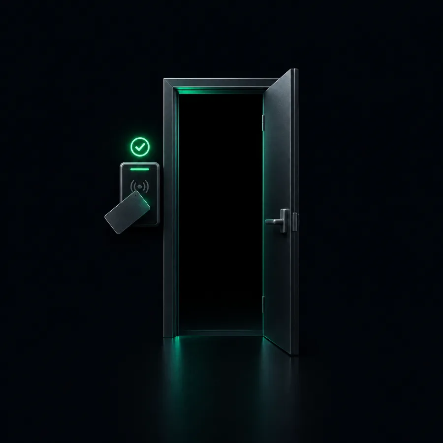 A badge reader glowing green beside a door left open: the credential was accepted
