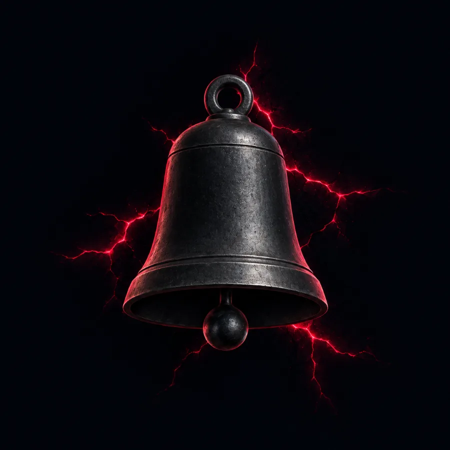 An iron alarm bell against cracks of red lightning: the alert has fired and the clock is running