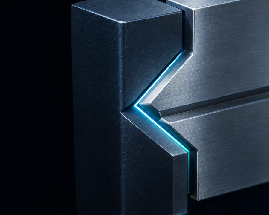 Two brushed-steel blocks locked together at a chevron seam, lit by a thin line of cyan light