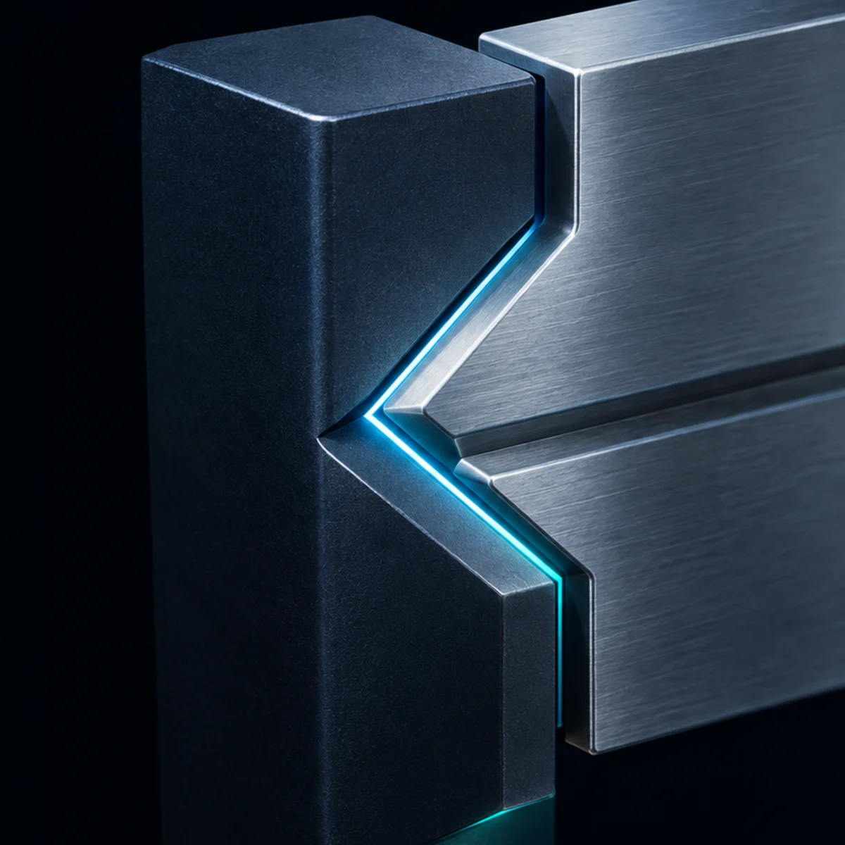 Two brushed-steel blocks locked together at a chevron seam, lit by a thin line of cyan light