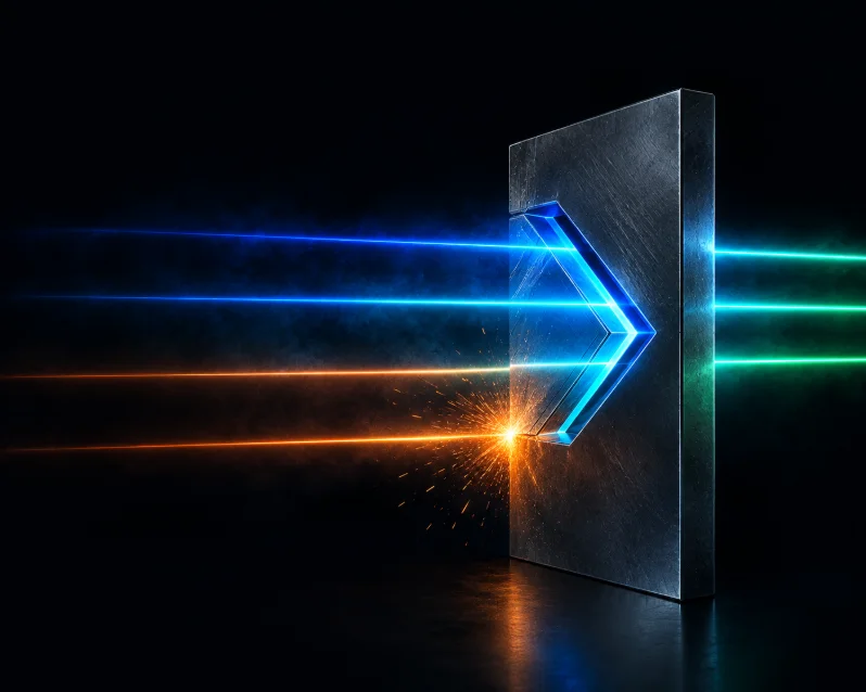 A steel gate with a glowing blue chevron: blue beams pass through while an orange beam is flagged in a burst of light